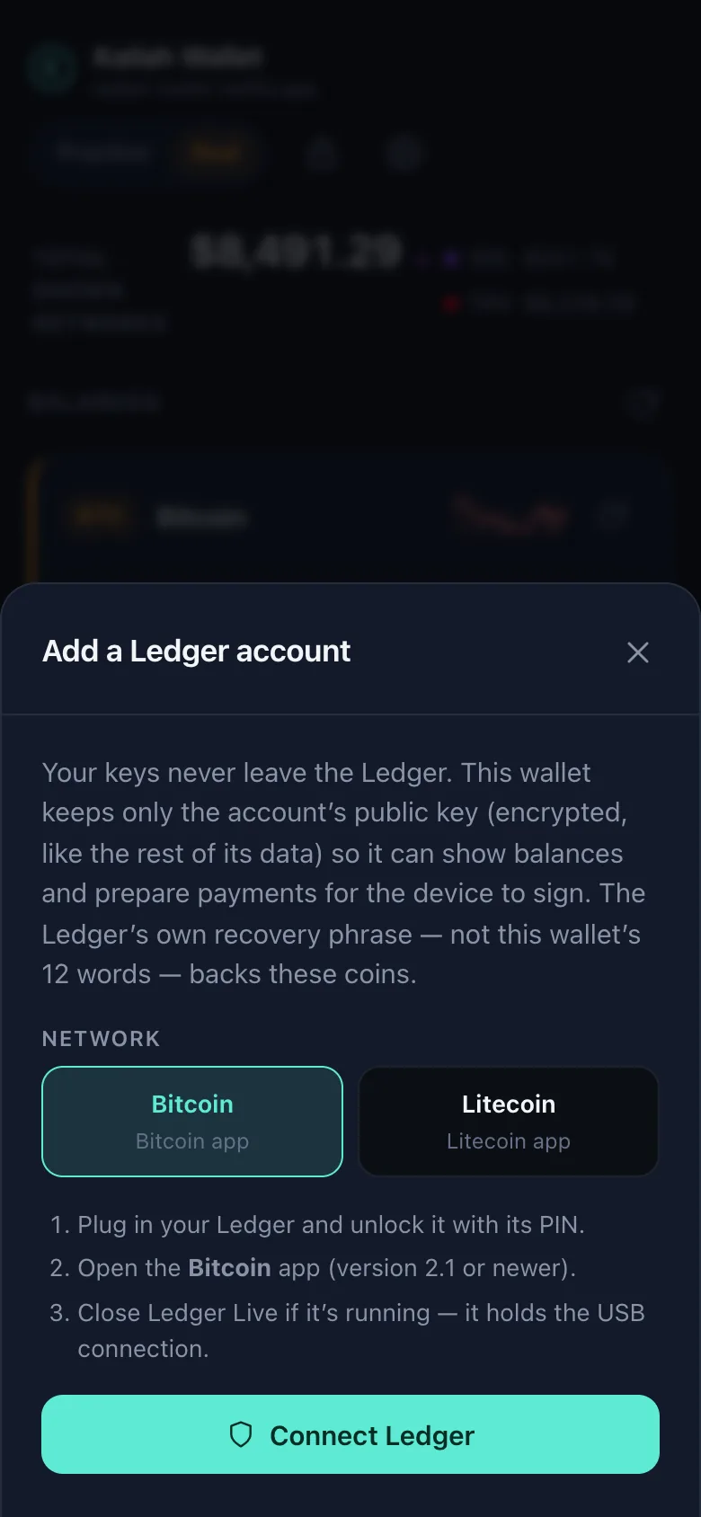The Add a Ledger account dialog: it says your keys never leave the Ledger and the wallet keeps only the account's public key, offers Bitcoin or Litecoin, and asks you to plug in and unlock the device.