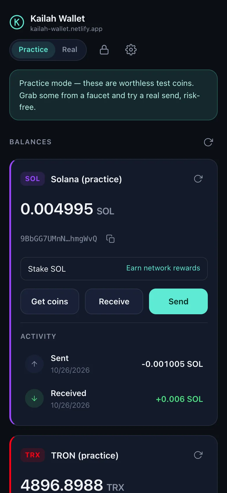 The wallet in practice mode: the switch reads Practice, a banner says these are worthless test coins, and the Solana devnet card shows a small balance, a Stake SOL row, Get coins, Receive and Send buttons and recent activity, with the TRON Nile card below.