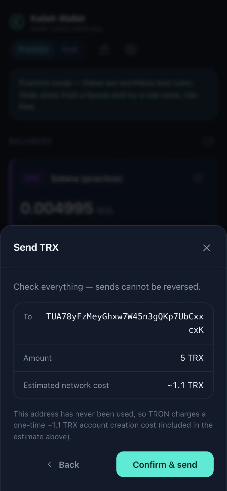 A TRON send at the review step: recipient address, 5 TRX, the estimated network cost and a hard cost cap, with Back and Confirm and send buttons.